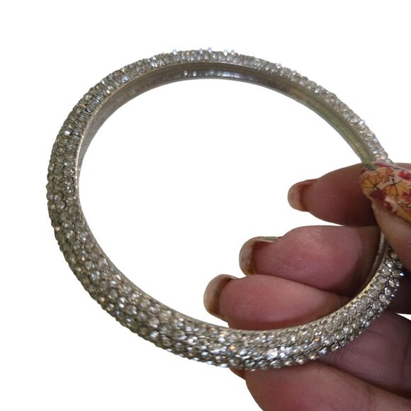 Vintage Silvertone Rhinestone Pave Heavy Weight Bangle Bracelet - Picture 2 of 3